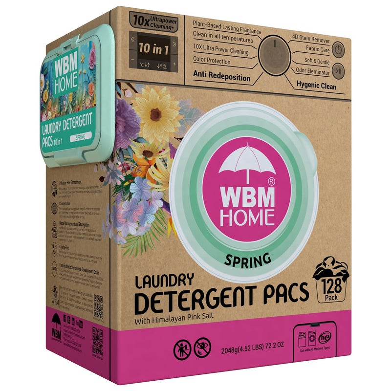 WBM Home Laundry Detergent Pods, Spring Fragrance Scent, 128 Count - HE Concentrated Laundry Pods With 10x Ultrapower Cleaning and 4D Laundry Stain Remover - Image 1